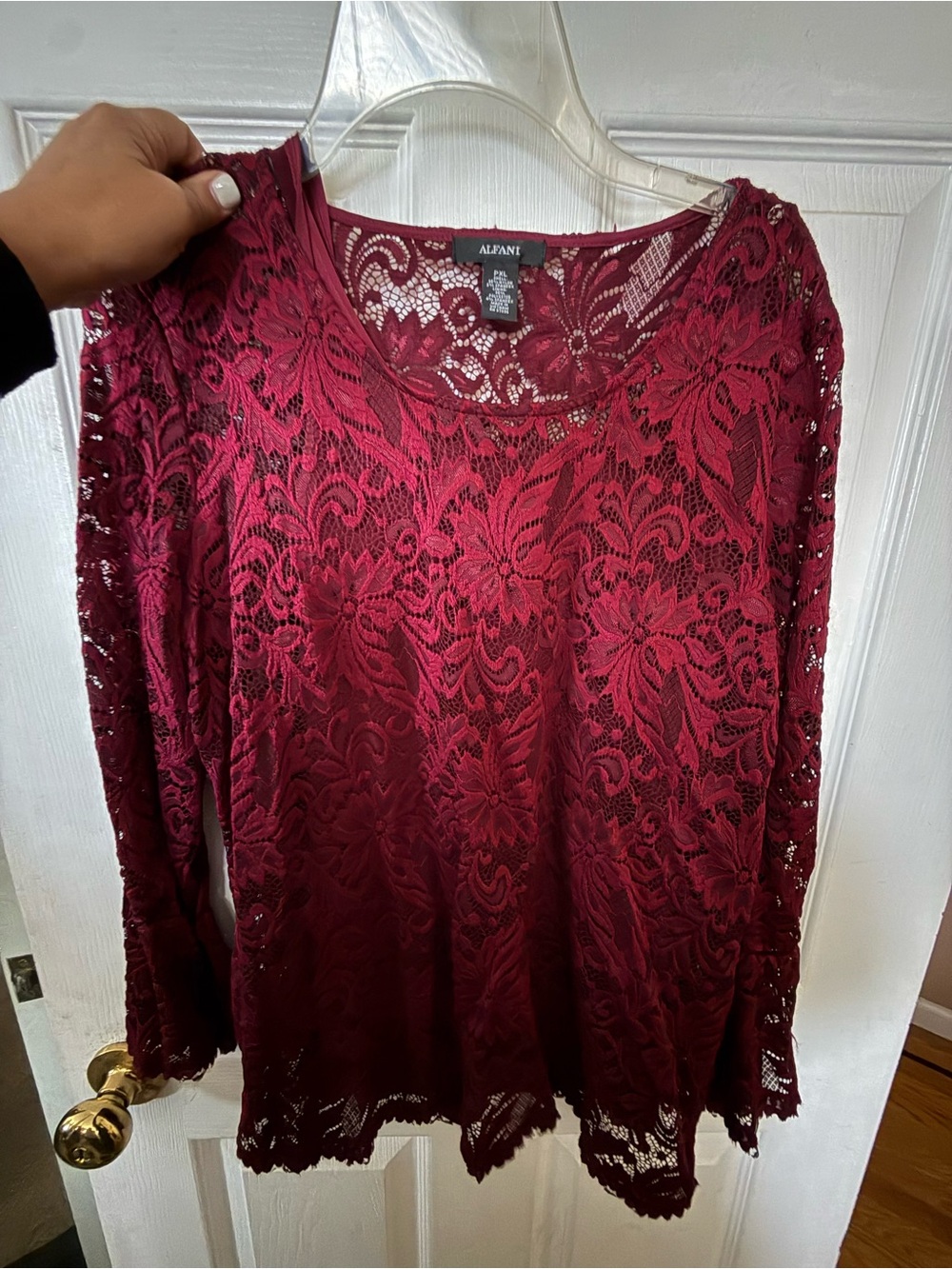 Alfani Burgundy Lace Long-Sleeve Scoop Neck Top
